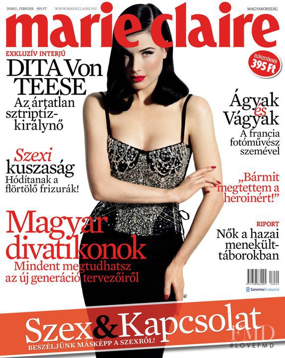 Dita Von Teese featured on the Marie Claire Hungary cover from February 2008