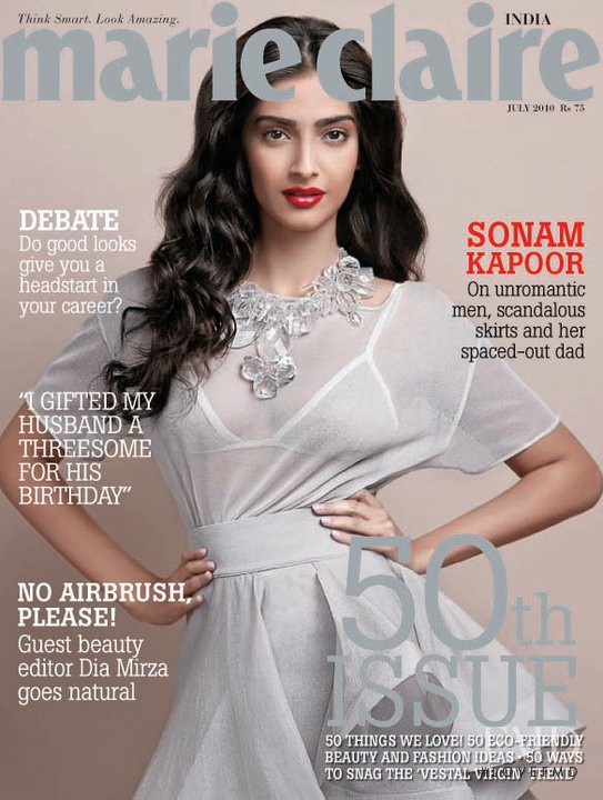 Sonam Kapoor featured on the Marie Claire India cover from July 2010