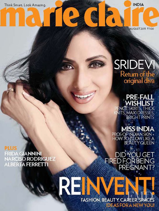 Sridevi featured on the Marie Claire India cover from August 2011