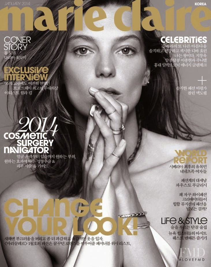 Daria Werbowy featured on the Marie Claire Korea cover from January 2014
