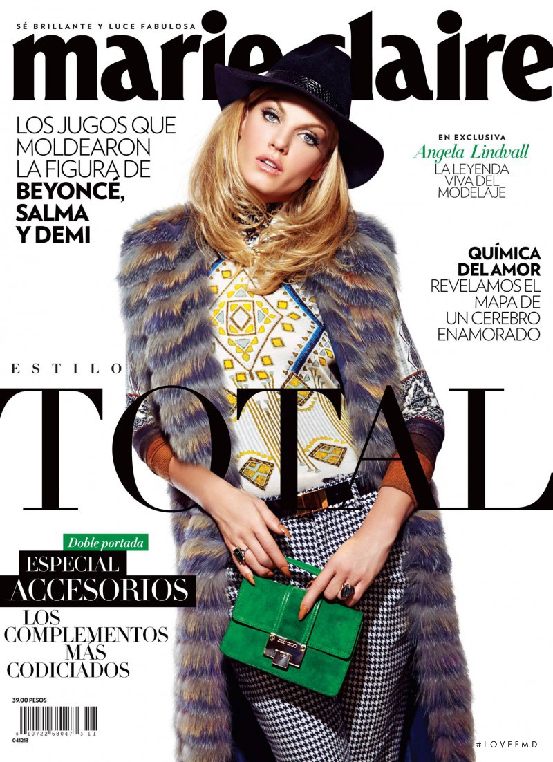 Angela Lindvall featured on the Marie Claire Mexico cover from November 2013