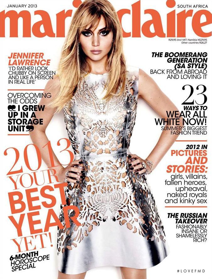 Jennifer Lawrence featured on the Marie Claire South Africa cover from January 2013