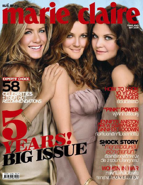 Jennifer Aniston, Drew Barrymore, Ginnifer Goodwin featured on the Marie Claire Thailand cover from May 2009