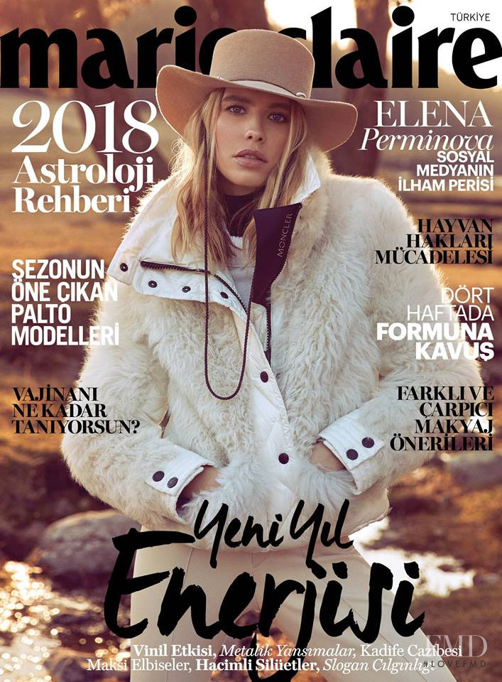 Elena Perminova featured on the Marie Claire Turkey cover from December 2017