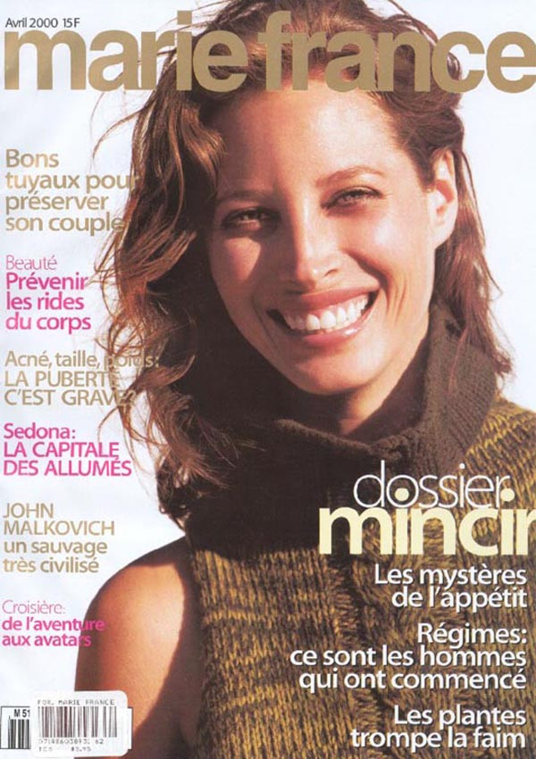 Christy Turlington featured on the Marie France cover from April 2000