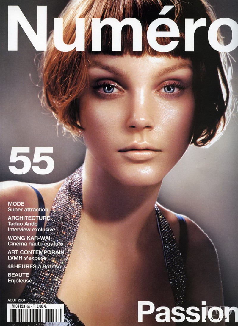 Jessica Stam featured on the Numéro France cover from August 2004