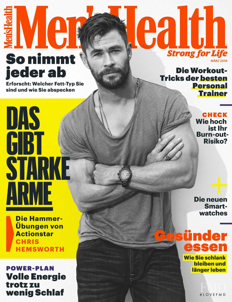 Chris Hemsworth featured on the Men\'s Health Germany cover from March 2019