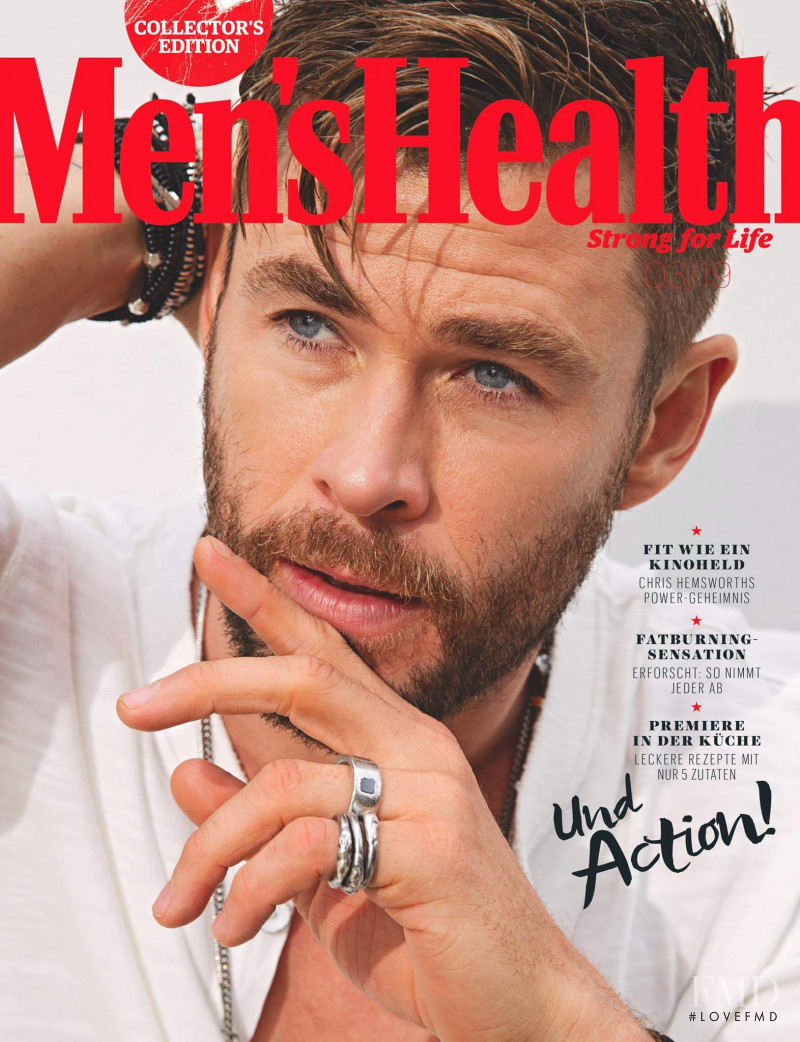Chris Hemsworth  featured on the Men\'s Health Germany cover from March 2019