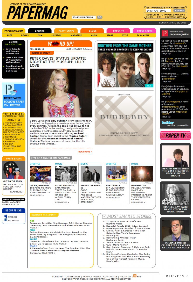  featured on the PaperMag.com screen from April 2010