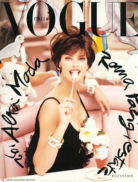 Linda Evangelista featured on the Vogue Italy cover from March 1992
