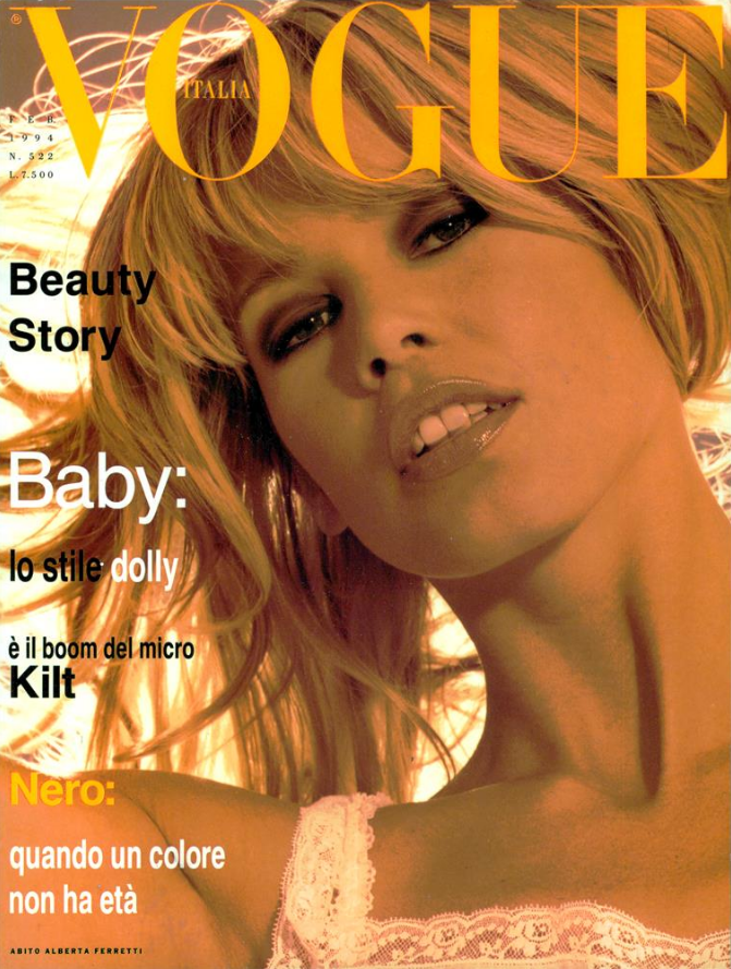 Claudia Schiffer featured on the Vogue Italy cover from February 1994