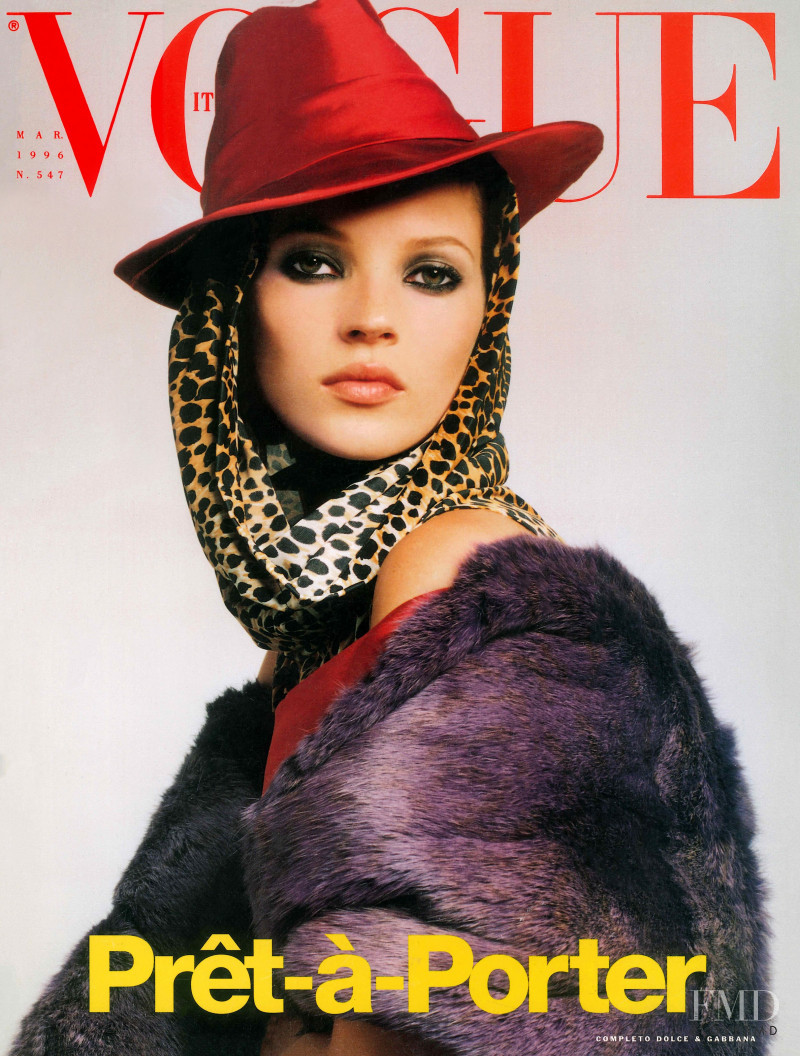Kate Moss featured on the Vogue Italy cover from March 1998