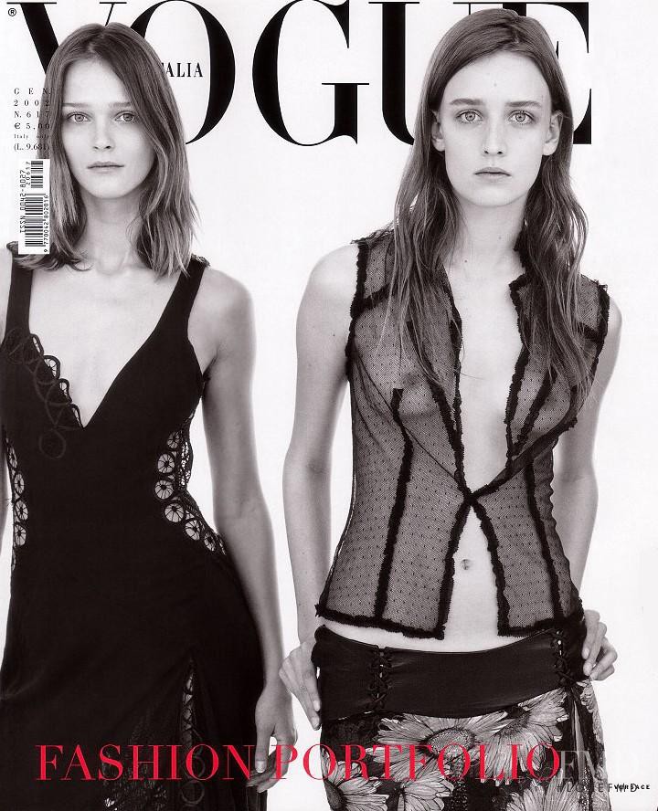 Carmen Kass, Ann-Catherine Lacroix featured on the Vogue Italy cover from January 2002