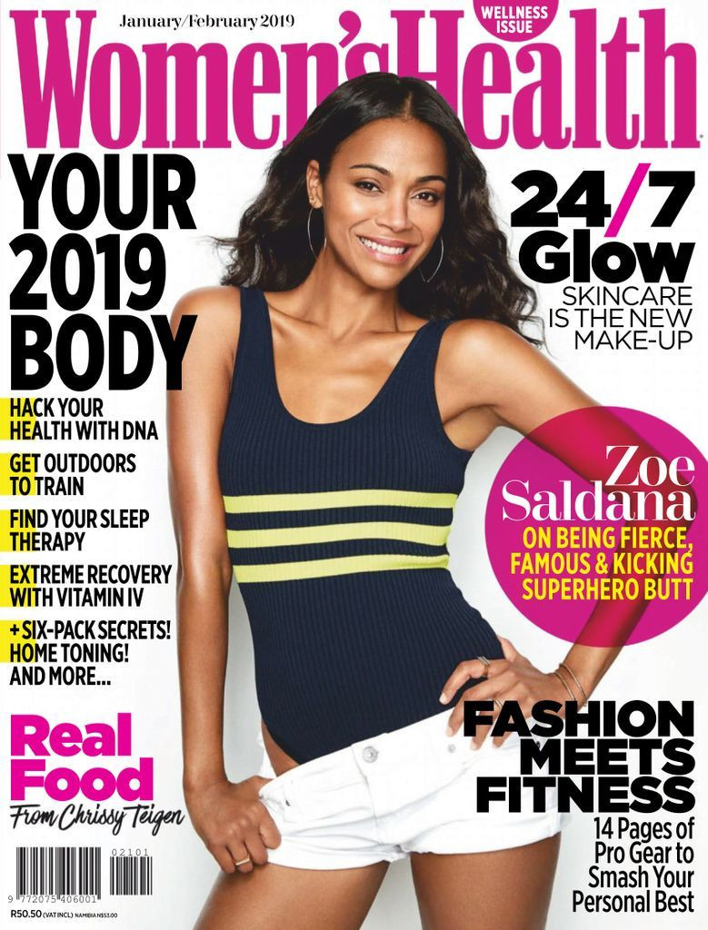 Zoe Saldana featured on the Women\'s Health South Africa cover from January 2019