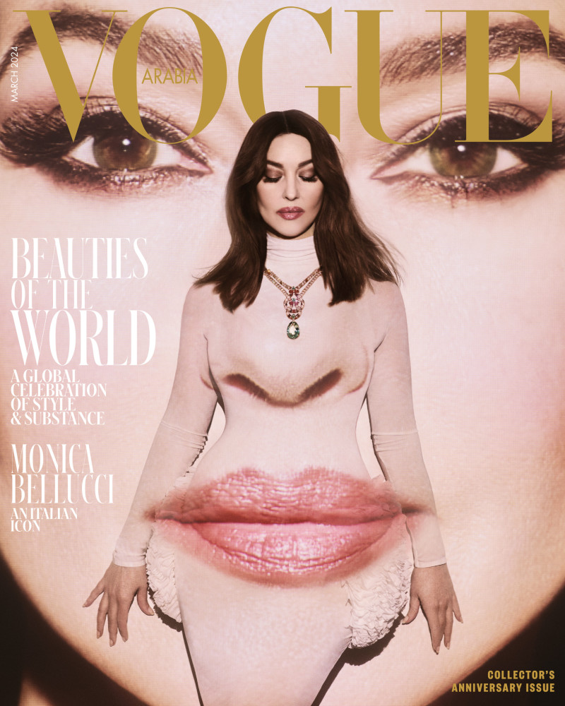 Monica Bellucci featured on the Vogue Arabia cover from March 2024