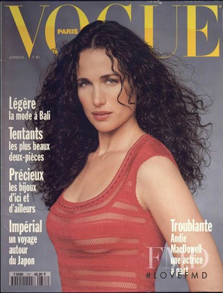 Andie Mac Dowell featured on the Vogue France cover from July 1993