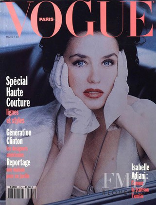 Isabelle Adjani featured on the Vogue France cover from March 1993