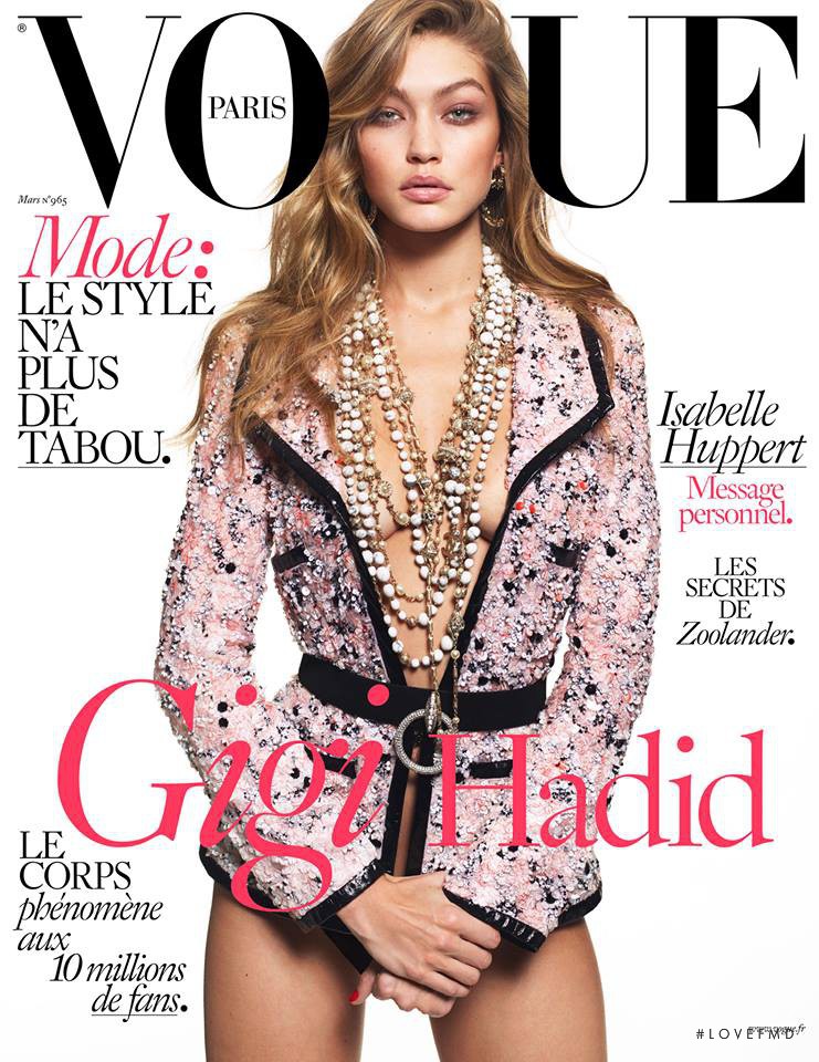 Gigi Hadid featured on the Vogue France cover from March 2016