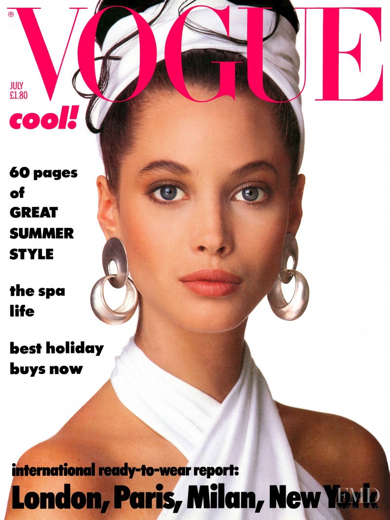 Christy Turlington featured on the Vogue UK cover from July 1986