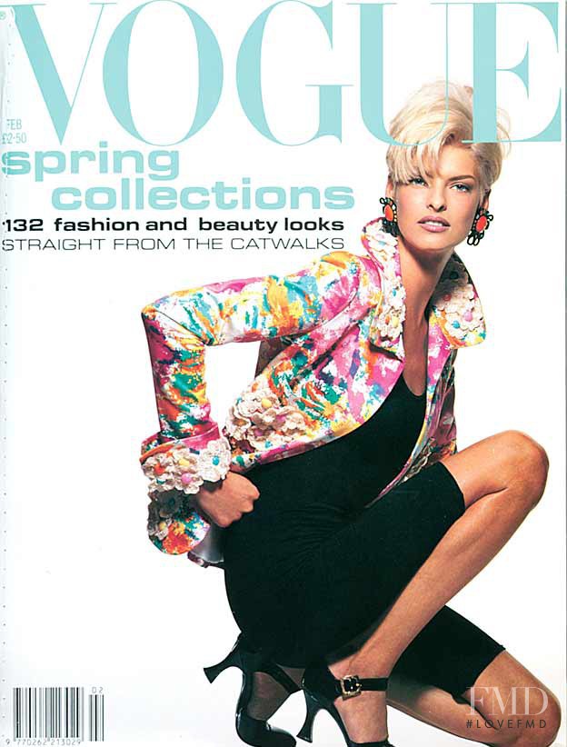 Linda Evangelista featured on the Vogue UK cover from February 1991