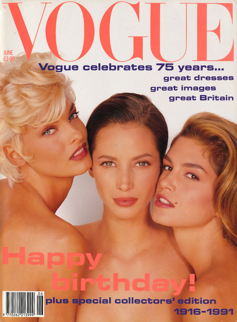 Christy Turlington, Cindy Crawford, Linda Evangelista featured on the Vogue UK cover from June 1991