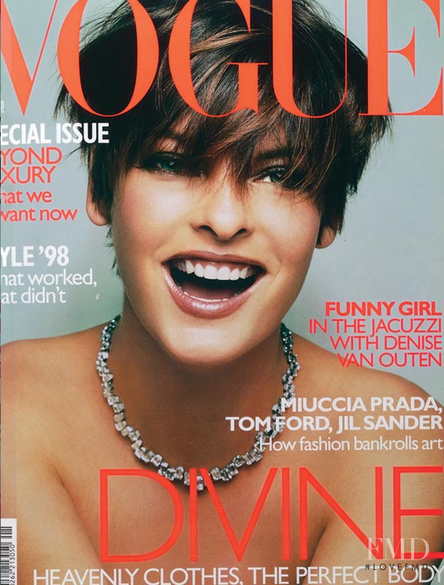 Linda Evangelista featured on the Vogue UK cover from January 1999