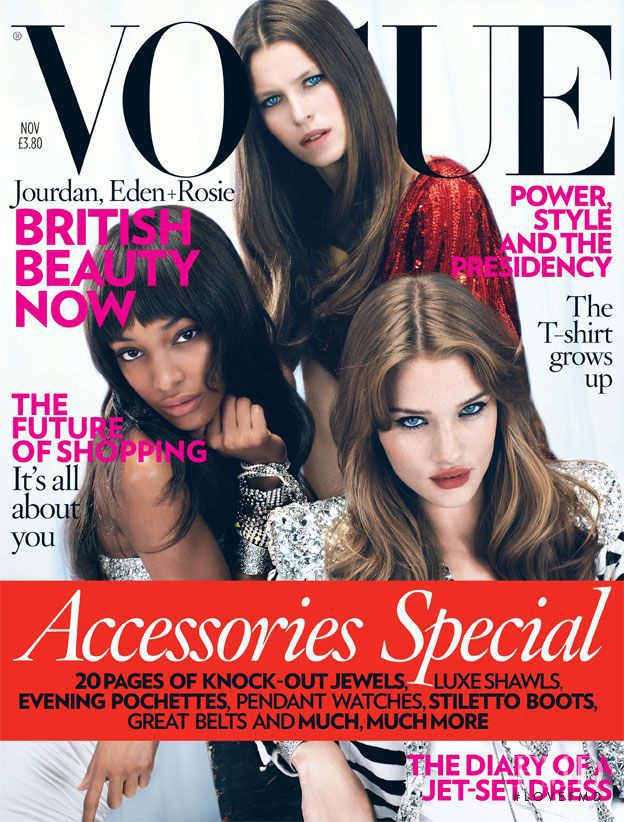 Rosie Huntington-Whiteley, Jourdan Dunn, Eden Clark featured on the Vogue UK cover from November 2008