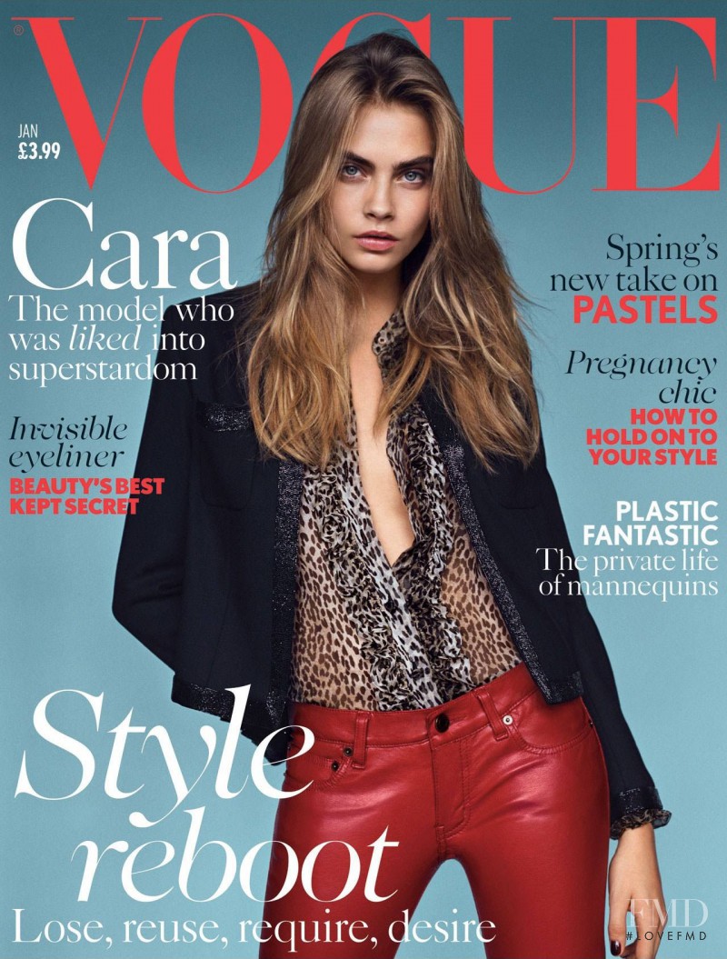 Cara Delevingne featured on the Vogue UK cover from January 2014