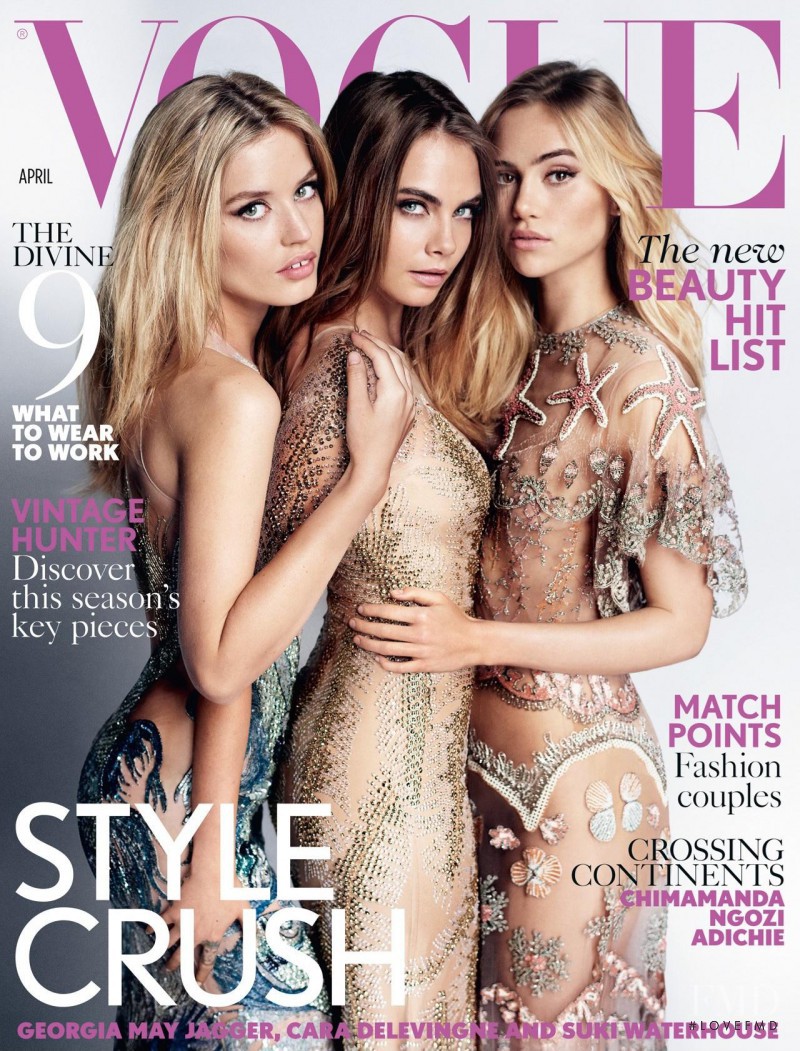 Georgia May Jagger, Cara Delevingne, Suki Alice Waterhouse featured on the Vogue UK cover from April 2015