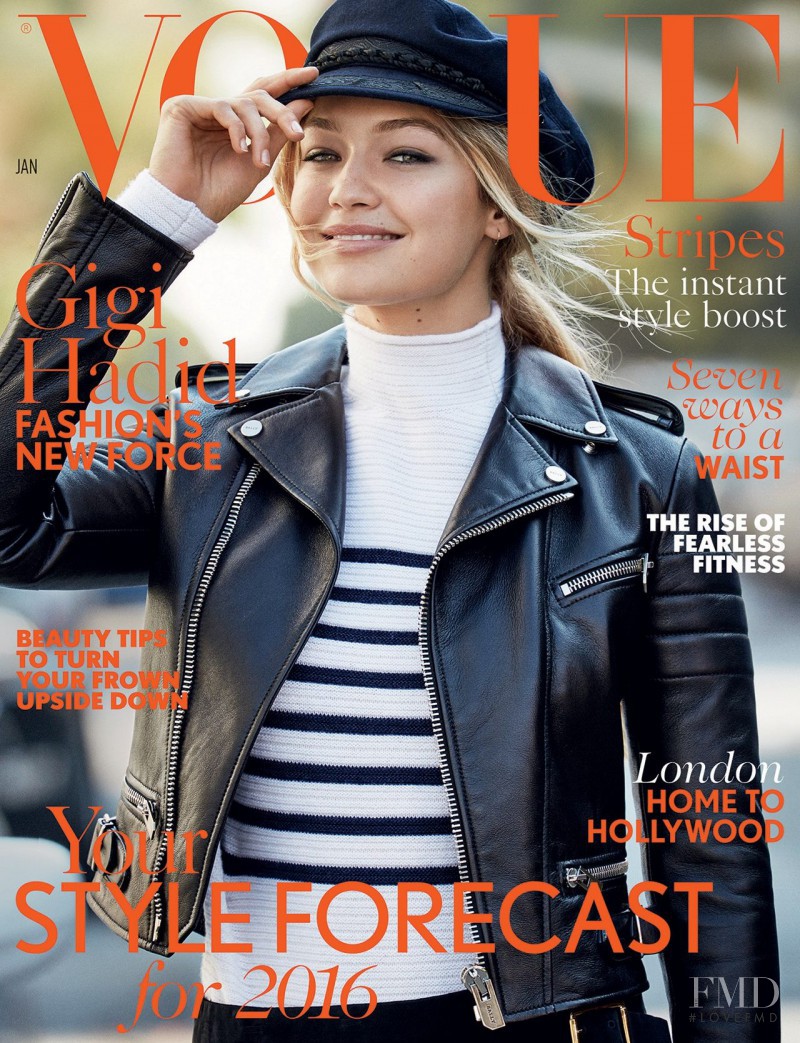 Gigi Hadid featured on the Vogue UK cover from January 2016