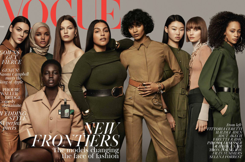 Vittoria Ceretti, Yoon Young Bae, Selena Forrest, Faretta Radic, Fran Summers, Halima Aden, Adut Akech Bior, Paloma Elsesser, Radhika Nair featured on the Vogue UK cover from May 2018