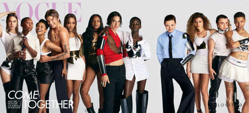 Cara Delevingne, Natalie Westling, Jordan Barrett, Valentina Sampaio, Aweng Chuol, Kai-Isaiah Jamal featured on the Vogue UK cover from August 2022