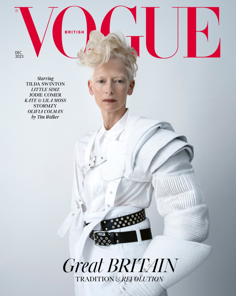 Tilda Swinton featured on the Vogue UK cover from December 2023