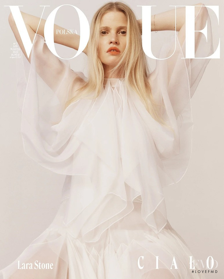 Lara Stone featured on the Vogue Poland cover from March 2022