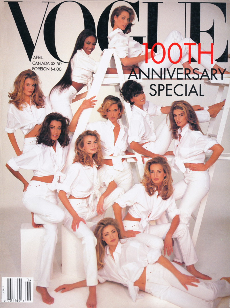 Christy Turlington, Cindy Crawford, Claudia Schiffer, Elaine Irwin Mellencamp, Karen Mulder, Niki Taylor, Linda Evangelista, Naomi Campbell, Tatjana Patitz, Yasmeen Ghauri featured on the Vogue USA cover from April 1992