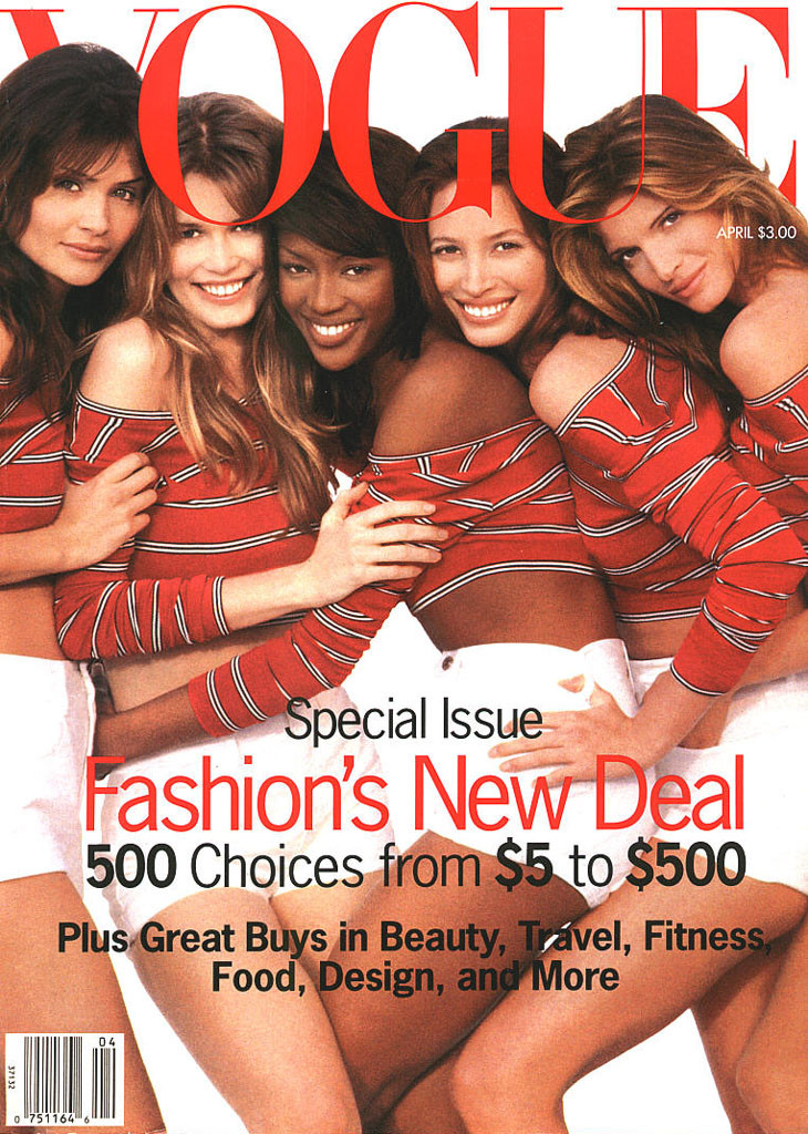 Christy Turlington, Claudia Schiffer, Helena Christensen, Naomi Campbell, Stephanie Seymour featured on the Vogue USA cover from April 1993