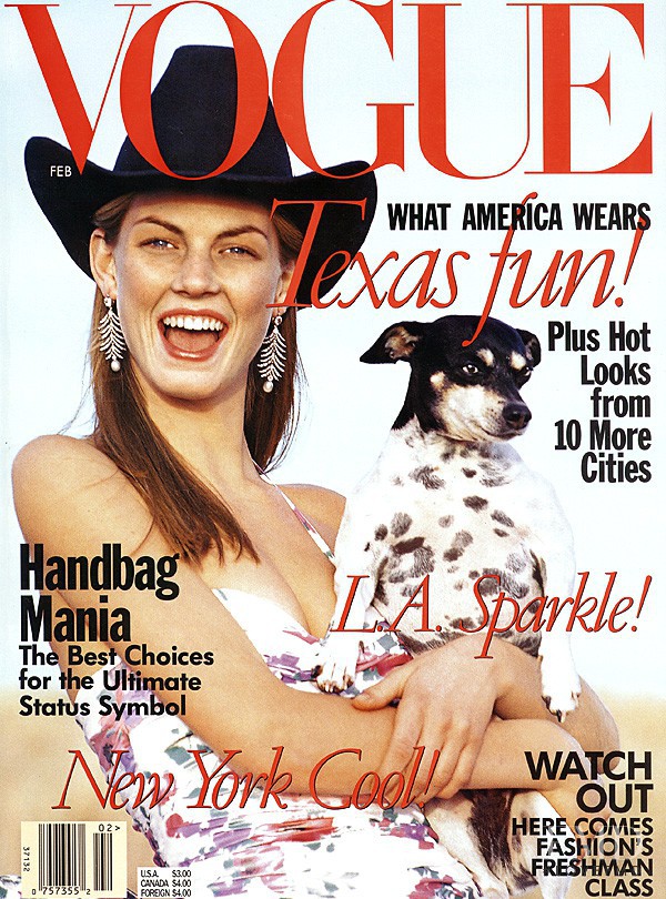 Angela Lindvall featured on the Vogue USA cover from February 1998