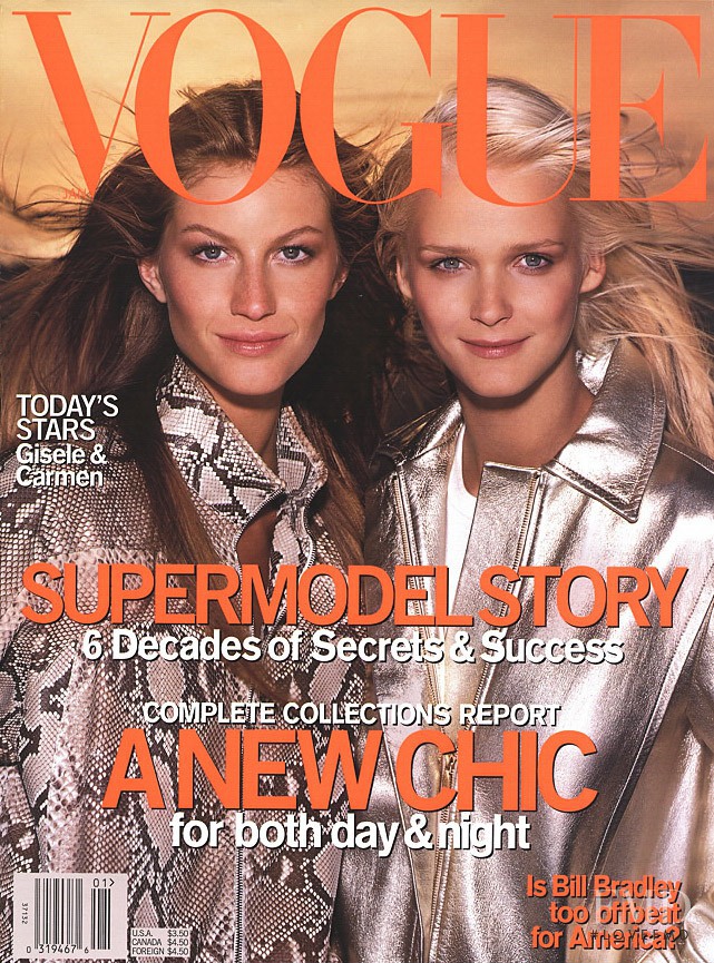 Carmen Kass, Gisele Bundchen featured on the Vogue USA cover from January 2000