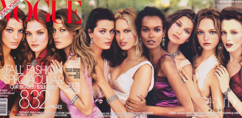 Gisele Bundchen, Karen Elson, Isabeli Fontana, Karolina Kurkova, Natalia Vodianova, Liya Kebede, Daria Werbowy, Sasha Pivovarova featured on the Vogue USA cover from September 2004