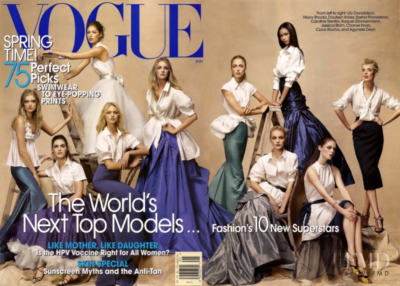 Raquel Zimmermann, Jessica Stam, Doutzen Kroes, Caroline Trentini, Hilary Rhoda, Lily Donaldson, Coco Rocha, Sasha Pivovarova, Agyness Deyn, Chanel Iman featured on the Vogue USA cover from May 2007