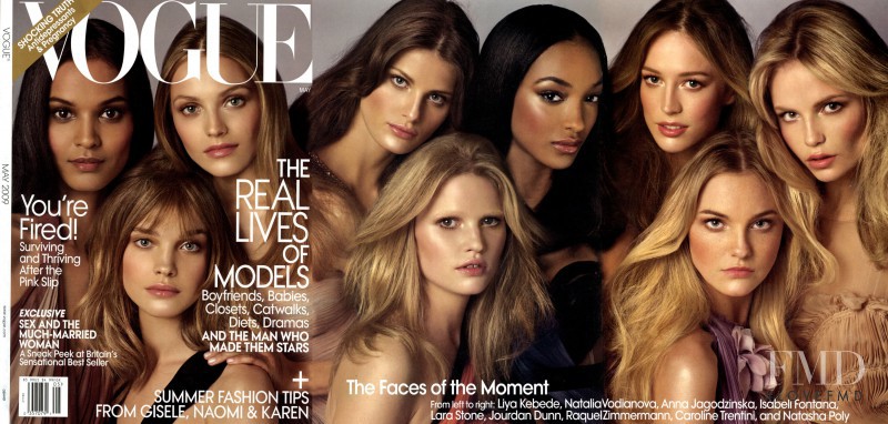 Isabeli Fontana, Raquel Zimmermann, Natalia Vodianova, Liya Kebede, Lara Stone, Anna Maria Jagodzinska, Caroline Trentini, Natasha Poly, Jourdan Dunn featured on the Vogue USA cover from May 2009