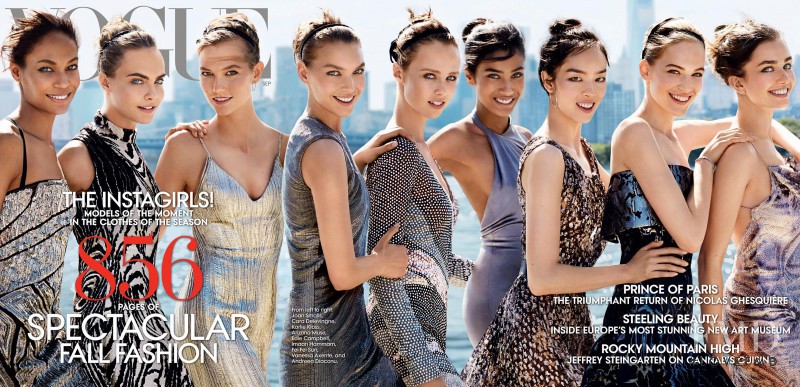 Andreea Diaconu, Chanel Iman, Joan Smalls, Karlie Kloss, Arizona Muse, Cara Delevingne, Fei Fei Sun, Edie Campbell, Vanessa Axente, Imaan Hammam featured on the Vogue USA cover from September 2014