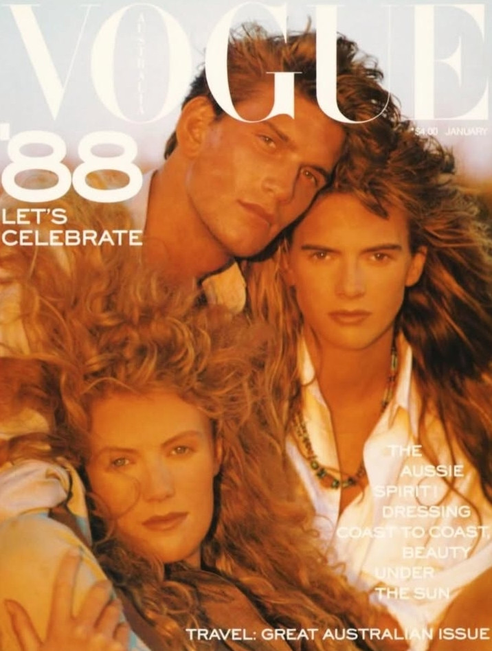 Alexandra Brochen, Jeffrey Brezovar, Sarah Webb featured on the Vogue Australia cover from January 1988