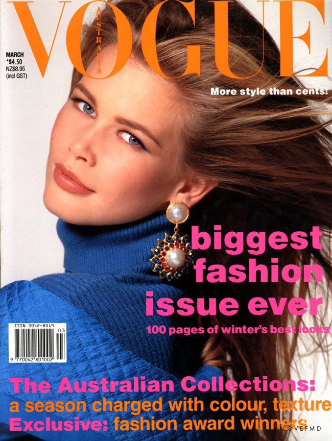 Claudia Schiffer featured on the Vogue Australia cover from March 1991