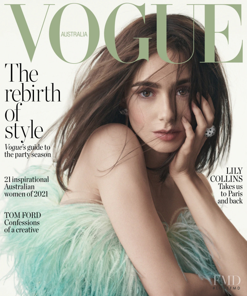 Lily Collins featured on the Vogue Australia cover from December 2021