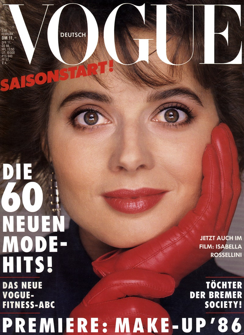 Isabella Rossellini featured on the Vogue Germany cover from February 1986