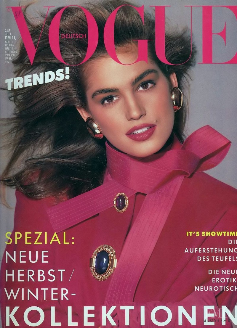Cindy Crawford featured on the Vogue Germany cover from July 1987