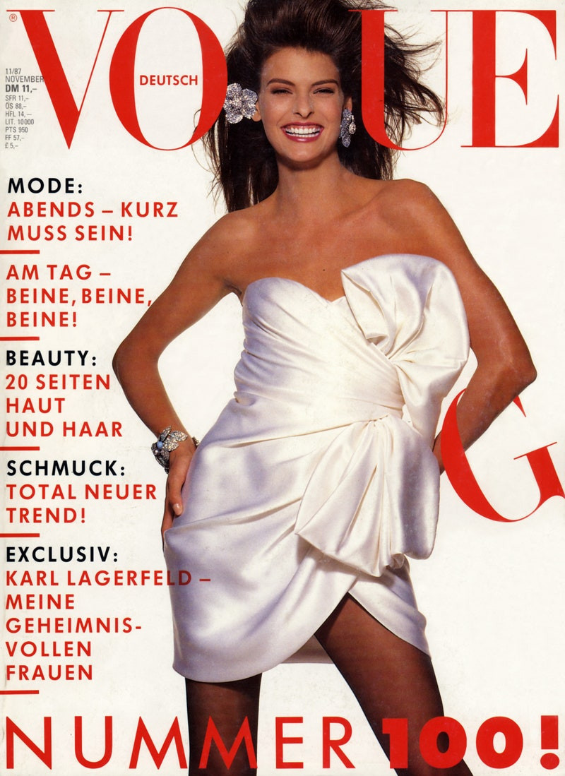 Linda Evangelista featured on the Vogue Germany cover from November 1987