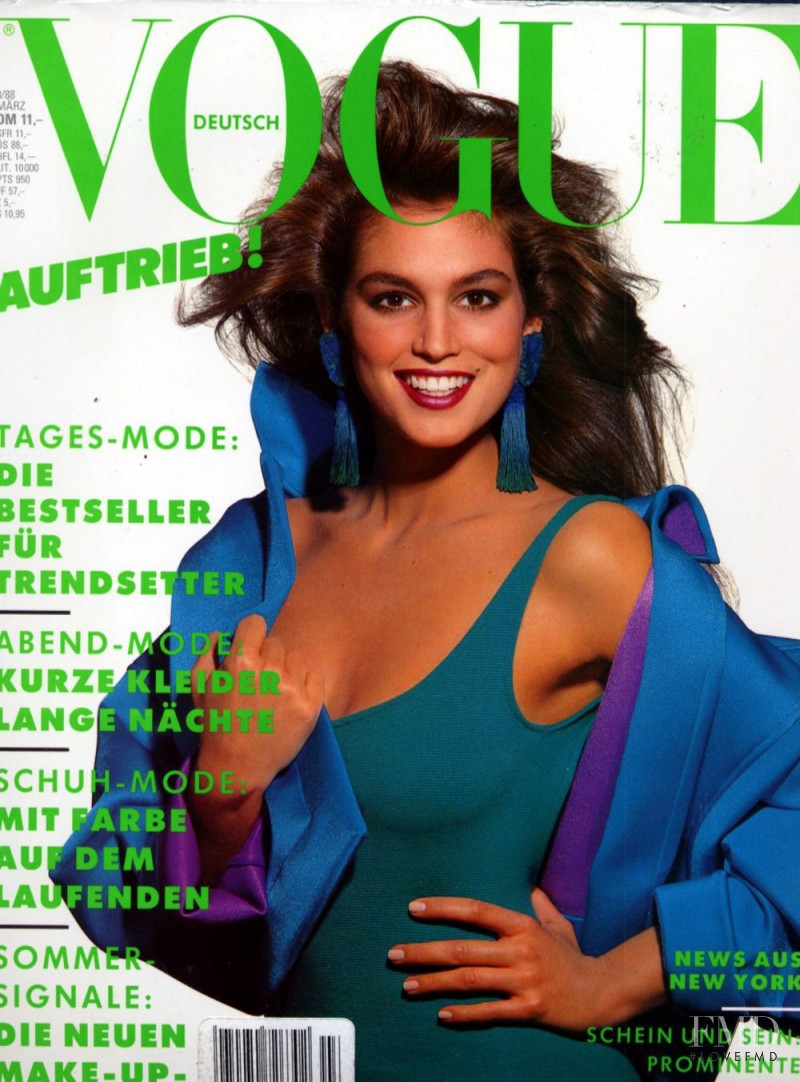 Cindy Crawford featured on the Vogue Germany cover from March 1988