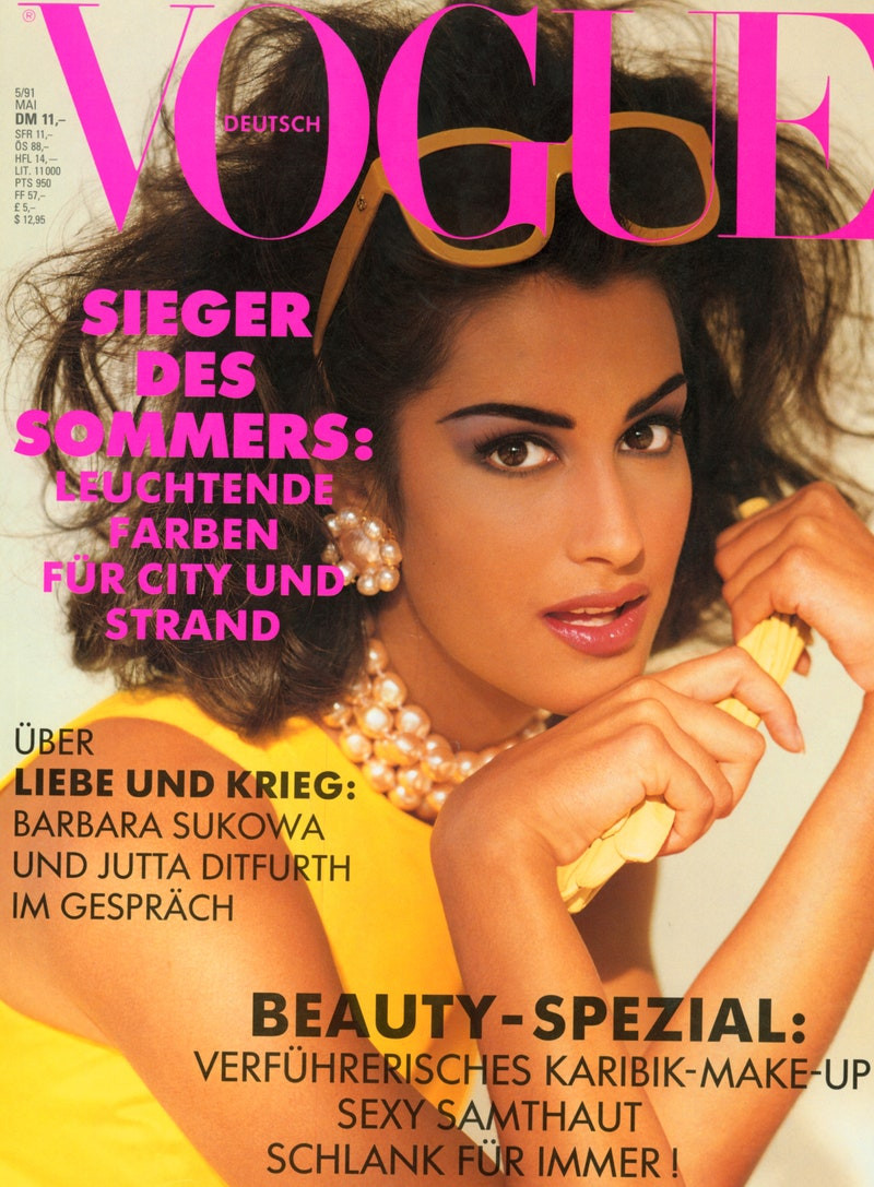 Yasmeen Ghauri featured on the Vogue Germany cover from May 1991